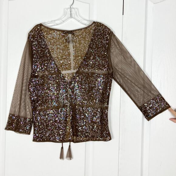 Nwot Vintage PAPELL BOUTIQUE Top Cardigan L Brown Iridescent-Sequin Sheer Tassel - Picture 2 of 11